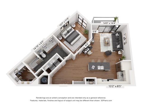 A 3D floor plan of a small apartment with a kitchen, living room, and bedroom.